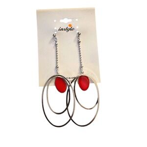 NWT Instyle Silver Tone Long Dangle Earrings Red Oval Statement Hoops Geometric